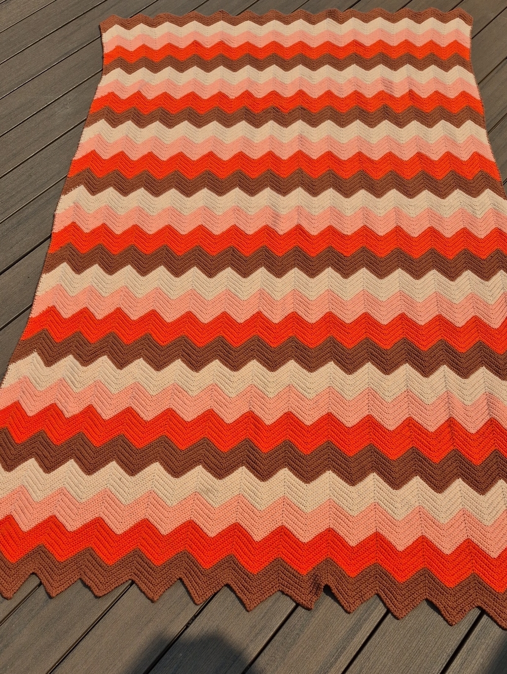 Vintage 70's Handmade Chevron Zigzag Crochet Afghan in Fall Colors 7'x4'